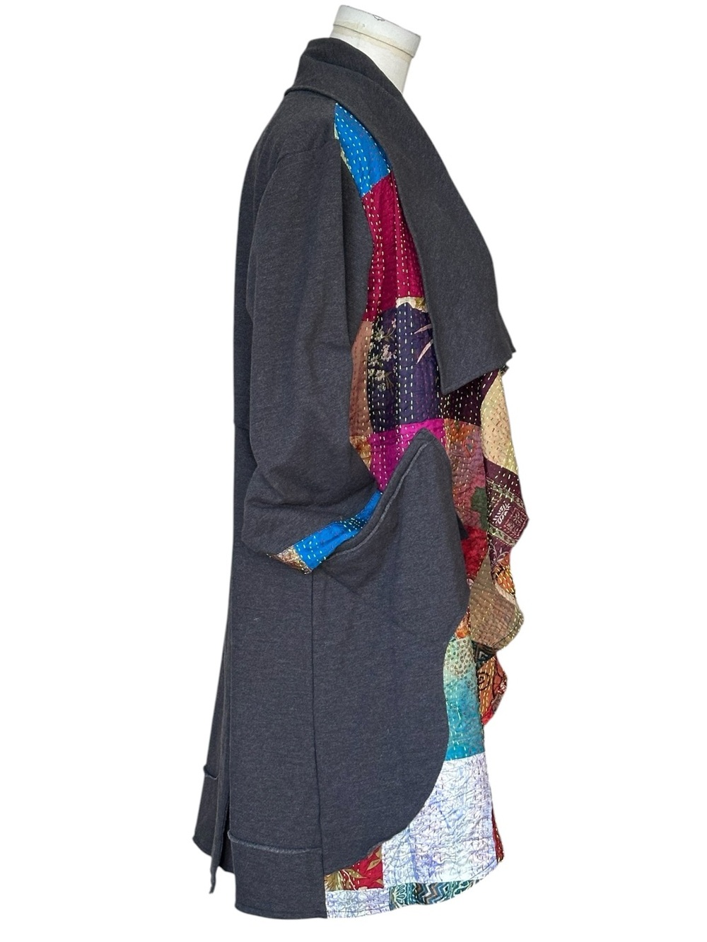 Paper Lace Womens Gray Kantha Patchwork Open Front Duster Cardigan Jacket Medium - Picture 2 of 9